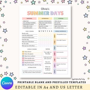 May include: Printable summer days planner with a pastel colour scheme. The planner includes sections for morning, afternoon, and evening activities, daily chores, weekly chores, a weekly schedule, and notes. The text "Summer Days" is prominently displayed.