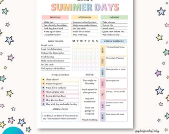 Editable Kids Summer Routine Chart | Visual Daily Schedule Planner Digital Download Summer Planner 2026 | Summer Days Routine Printable