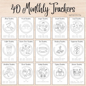 Bullet Journal Trackers, Undated, 40 Monthly Trackers BUJO with Doodles to color and track goal each month, Bullet Journal 2026, Habit Track