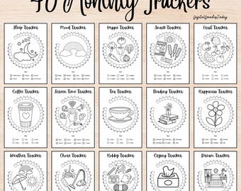 Bullet Journal Trackers, Undated, 40 Monthly Trackers BUJO with Doodles to color and track goal each month, Bullet Journal 2026, Habit Track
