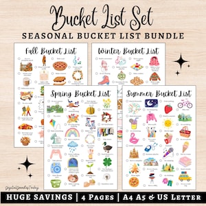 May include: A bundle of four seasonal bucket list printables. Each list, labeled Fall, Winter, Spring, and Summer, features illustrated activities. The text "Bucket List Set" and "Seasonal Bucket List Bundle" are at the top. The bottom text reads "Huge Savings | 4 Pages | A4 A5 & US Letter".
