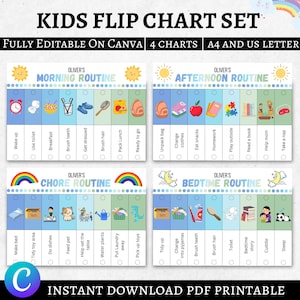 Peut inclure: Un ensemble de tableaux de routine pour enfants, comprenant quatre graphiques : Matin, Après-midi, Tâches et Coucher. Chaque tableau présente des tâches illustrées avec des cases à cocher. Le texte indique "Entièrement modifiable sur Canva".