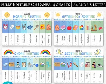 Kids Flip Routine Chart Editable Printable, Morning Evening Bedtime Flip Chart, Visual Schedule For kids Toddler Chore Chart Canva Blue