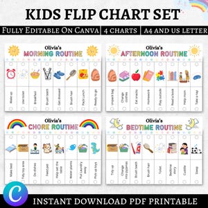 Kids Flip Routine Chart Editable Printable, Morning Evening Bedtime Flip Chart, Visual Schedule For kids Toddler Chore Chart Canva PDF