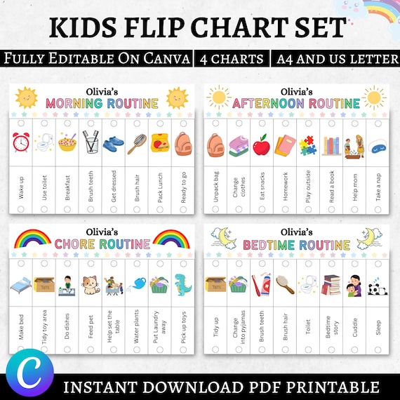 Kids Flip Routine Chart Editable Printable, Morning Evening Bedtime Flip Chart, Visual Schedule For kids Toddler Chore Chart Canva PDF