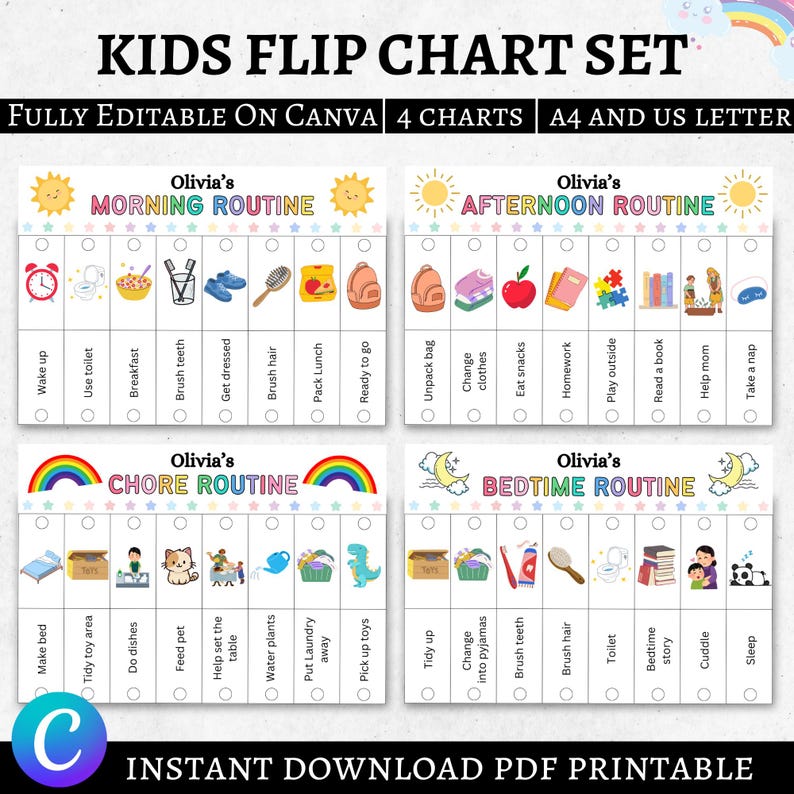 May include: A printable kids' flip chart set with four charts: morning, afternoon, chore, and bedtime routines. Each chart features illustrated tasks with check boxes. The text includes "KIDS FLIP CHART SET" and "FULLY EDITABLE ON CANVA".