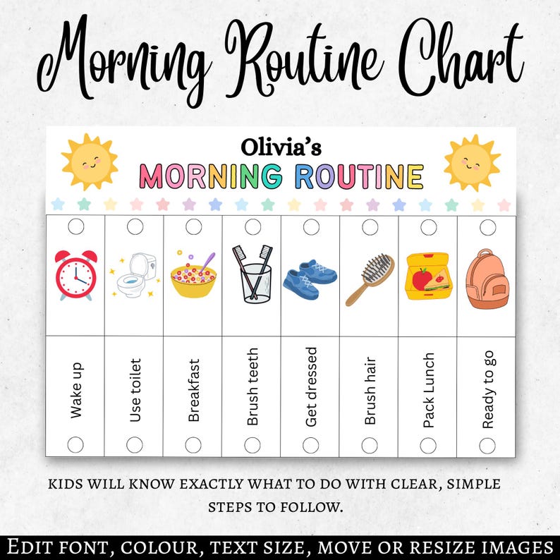 May include: A colourful morning routine chart with the text "Morning Routine Chart" and "Olivia's MORNING ROUTINE". The chart includes illustrations for wake up, use toilet, breakfast, brush teeth, get dressed, brush hair, pack lunch, and ready to go.