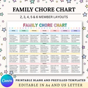 May include: A colorful family chore chart with a layout for 2, 3, 4, 5, and 6 members. The chart is divided into days of the week and includes tasks like feeding pets, cleaning, and organizing. The text says "PRINTABLE BLANK AND PREFILLED TEMPLATES EDITABLE IN A4 AND US LETTER."