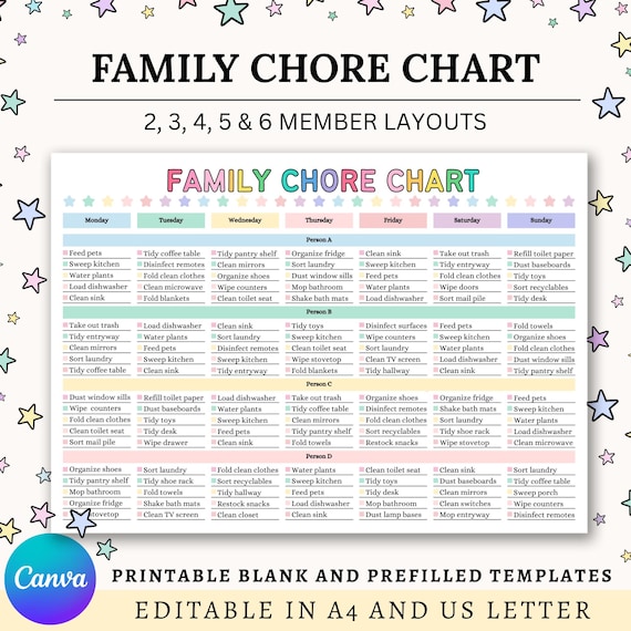 Editable Family Chore Chart, Printable Weekly Chore List, Adults Chore Chart, Kids Cleaning Schedule, DIY Cleaning Planner Checklist, Canva