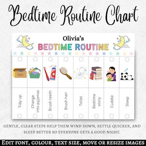 May include: A white bedtime routine chart with the text "Bedtime Routine Chart" and "Bedtime Routine". The chart includes illustrations of bedtime activities like brushing teeth and reading a bedtime story. The chart is designed to help children wind down and sleep better.