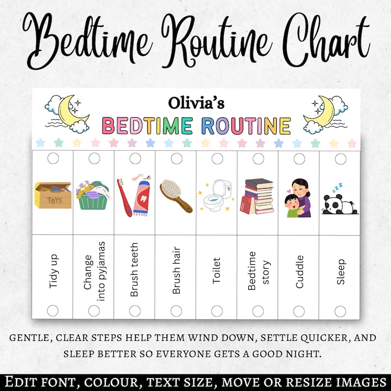 May include: A white bedtime routine chart with the text "Bedtime Routine Chart" and "Bedtime Routine". The chart includes illustrations of bedtime activities like brushing teeth and reading a bedtime story. The chart is designed to help children wind down and sleep better.