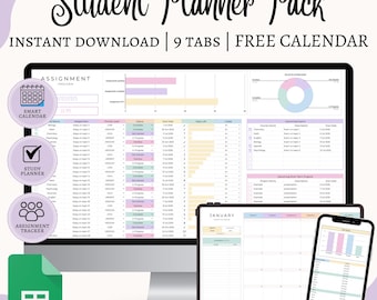 May include: A digital student planner pack displayed on a computer monitor, tablet, and smartphone. The monitor shows an assignment tracker with color-coded sections. The tablet displays a January calendar, and the phone shows a progress chart. Text includes "Student Planner Pack" and "Instant Download".