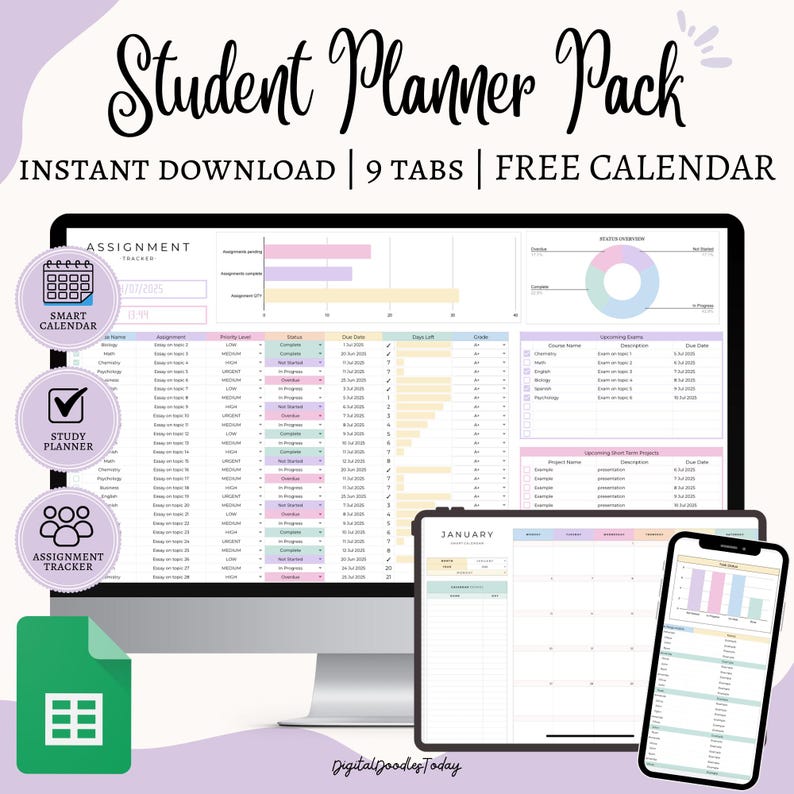 Academic Student Planner Spreadsheet, School Assignment Tracker Google ...