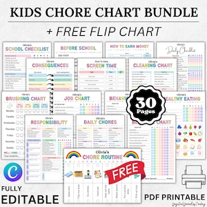Editable Kids chore chart bundle,Kids daily checklist canva,Editable responsibility chart,Allowance,Screentime,Behavior,Reward chart, PDF