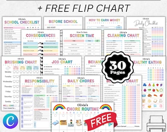 Paquete de tablas de tareas editables para niños, lista diaria de Canva, tabla de responsabilidades editable, asignación, tiempo de pantalla, comportamiento y tabla de recompensas (PDF)