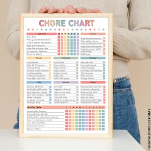 May include: A framed chore chart with a colorful design. The chart is divided into daily, weekly, and monthly tasks, with checkboxes for tracking progress. The text "CHORE CHART" is at the top.