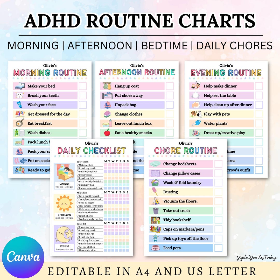 ADHD Kids Checklists | Kids Daily Routine Chart | Editable Morning ...