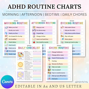 Op de afbeelding: ADHD-routinekaarten met secties voor ochtend, middag, bedtijd en dagelijkse taken. De kaarten bevatten checklists voor taken zoals bed opmaken, tanden poetsen en lunchpakketten inpakken. Het ontwerp is kleurrijk en bevat de tekst "Editable in A4 and US Letter."