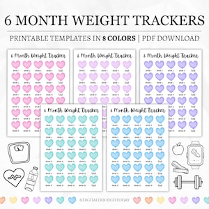 Op de afbeelding: Een set van 6 Month Weight Tracker printbare sjablonen in 8 kleuren. Elke pagina bevat rijen harten in aquarel-stijl met weeknummers en een totaal-kolom. Iconen: weegschaal, hart, waterfles, appel, horloge en een halter.