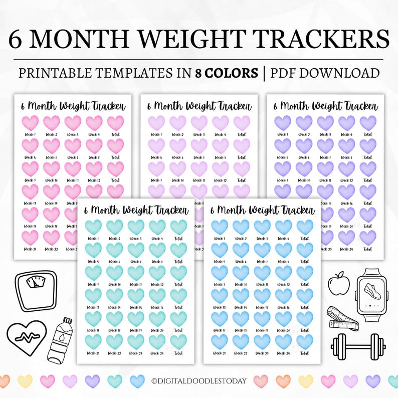 Op de afbeelding: Een set van 6 Month Weight Tracker printbare sjablonen in 8 kleuren. Elke pagina bevat rijen harten in aquarel-stijl met weeknummers en een totaal-kolom. Iconen: weegschaal, hart, waterfles, appel, horloge en een halter.