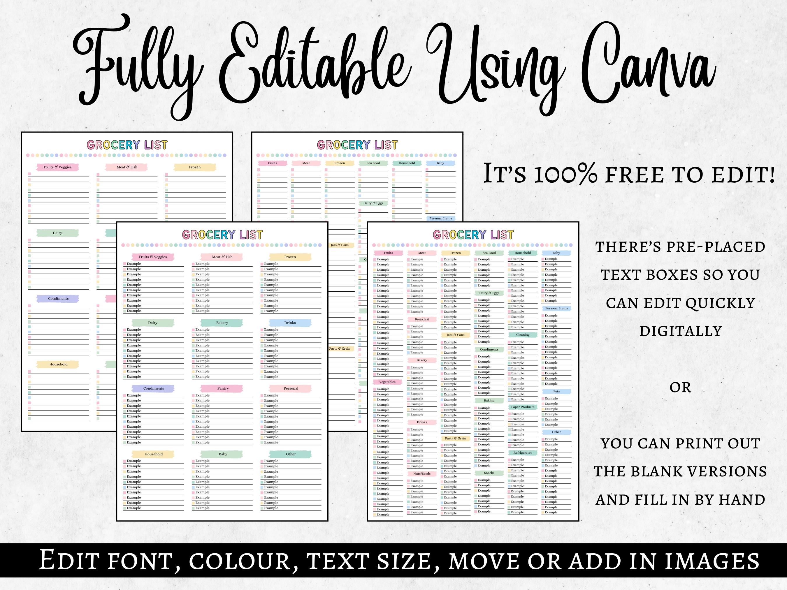 Blank Grocery List Printable Colorful Grocery Shopping List Editable ...