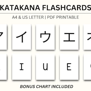 May include: White flashcards with black Katakana characters and English transliterations. The text "KATAKANA FLASHCARDS" is at the top, with "A4 & US LETTER | PDF PRINTABLE" below. The bottom of the image reads "BONUS CHART INCLUDED".