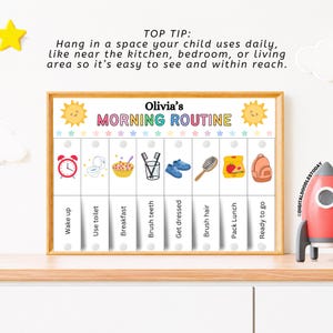 May include: A framed "Olivia's Morning Routine" chart with illustrations for each step. Includes text: "Wake up," "Use toilet," "Breakfast," "Brush teeth," "Get dressed," "Brush hair," "Pack Lunch," and "Ready to go." The chart has a wooden frame.