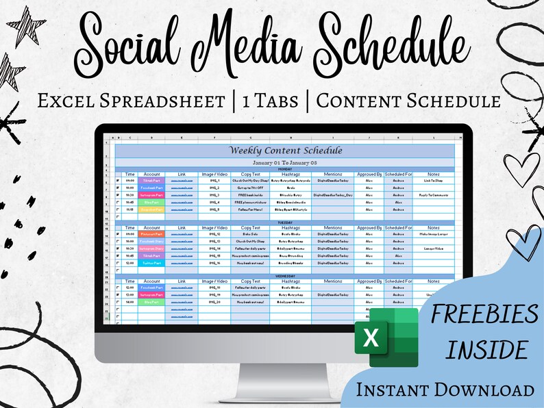Weekly social media content schedule excel spreadsheet social media