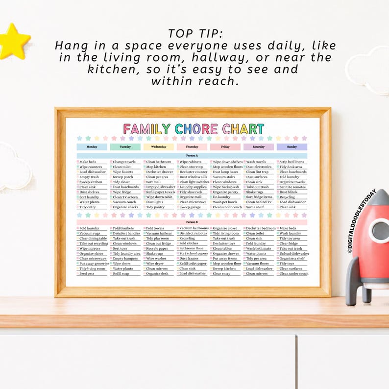 May include: A framed family chore chart with a wooden frame. The chart lists daily and weekly tasks, with headings for each day of the week. The text at the top says, "Hang in a space everyone uses daily, like in the living room, hallway, or near the kitchen."