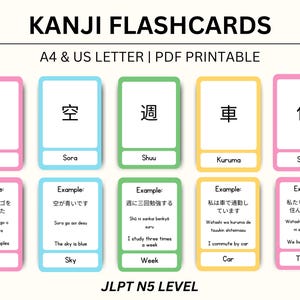 Japanische Kanji Karteikarten zum Ausdrucken | JLPT N5 Kanji Karteikarten | Japanisches Alphabet Karteikarten | Japanische Studie | Japanisch lernen