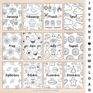Bundel met 12 omslagpagina's voor maandplanners, printbare bullet journal-pagina's, kant-en-klare maandoverzichten, maandtitelpagina's en een sjabloon voor een inlegvel voor een dagboek. afbeelding 3