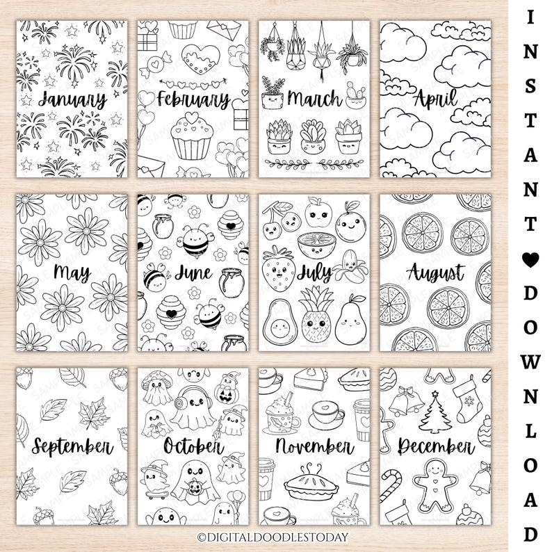 Bundel met 12 omslagpagina's voor maandplanners, printbare bullet journal-pagina's, kant-en-klare maandoverzichten, maandtitelpagina's en een sjabloon voor een inlegvel voor een dagboek. afbeelding 3