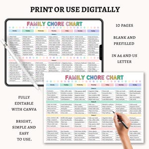 May include: A digital family chore chart displayed on a tablet, with a stylus. The chart is colorful and organized, with sections for each day of the week and a list of tasks. The text "PRINT OR USE DIGITALLY" is at the top.