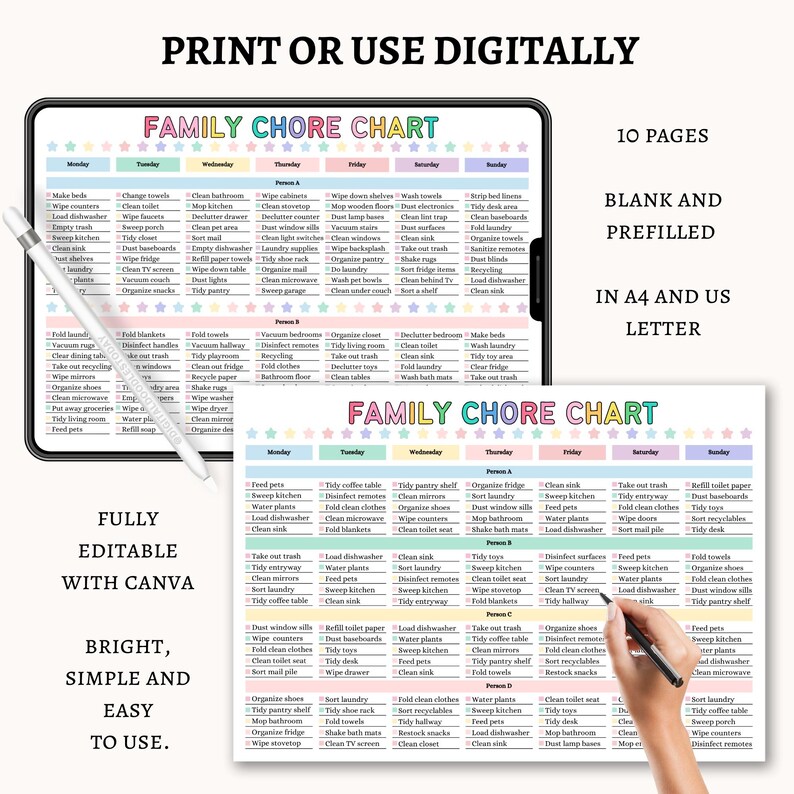 May include: A digital family chore chart displayed on a tablet, with a stylus. The chart is colorful and organized, with sections for each day of the week and a list of tasks. The text "PRINT OR USE DIGITALLY" is at the top.