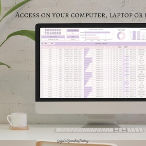 May include: A computer screen displaying a spreadsheet with the title "Invoice Tracker" and a purple and white colour scheme. The spreadsheet includes columns for invoice number, date, amount, and payment status. The screen is on a white desk with a white mug and a keyboard.