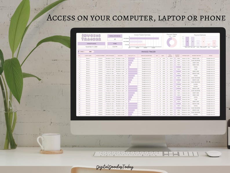 May include: A computer screen displaying a spreadsheet with the title "Invoice Tracker" and a purple and white colour scheme. The spreadsheet includes columns for invoice number, date, amount, and payment status. The screen is on a white desk with a white mug and a keyboard.