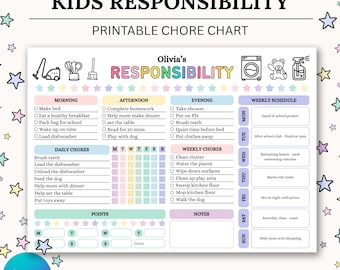 Tabla de responsabilidades y tareas para niños / Horario semanal de responsabilidades editable / Tablas de tareas imprimibles para niños / Rutina diaria imprimible para niños