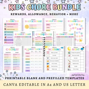 Bewerkbare bundel kinderkarweitjes, school, beloning, toelage, dagelijkse checklist, wekelijkse klusjes, gedrag, gevolgen, regenbooggrafieken Canva pdf