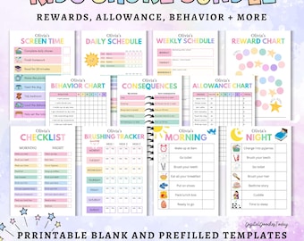 Editable Kids Chore Chart Bundle, School, Reward, Allowance, Daily Checklist, Weekly Chores, Behavior, Consequences,Rainbow Charts Canva PDF