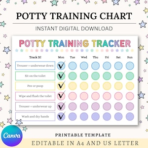 Könnte beinhalten: Eine druckbare Töpfchentrainings-Tabelle mit dem Text "Potty Training Chart" und "Potty Training Tracker". Die Tabelle enthält einen wöchentlichen Tracker mit Kontrollkästchen zur Verfolgung der Meilensteine ​​des Töpfchentrainings. Der Artikel ist ein digitaler Download.