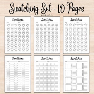 May include: A set of 10 swatching pages featuring heart, smiley face, star, square, and rectangle shapes. Each page is labelled "Swatches" with space for brand and notes. The text "Swatching Set - 10 Pages" is at the top of the image.