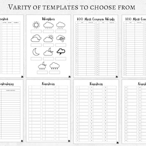 May include: Black and white printable worksheets for learning the alphabet, weather, numbers, and common words. The worksheets have blank spaces for writing or drawing.