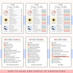 May include: A set of six printable daily checklists. The top three checklists are titled "Olivia's Daily Checklist" with a section for morning, afternoon, and evening tasks. The bottom three checklists are titled "Before School", "After School", and "Before Bed".