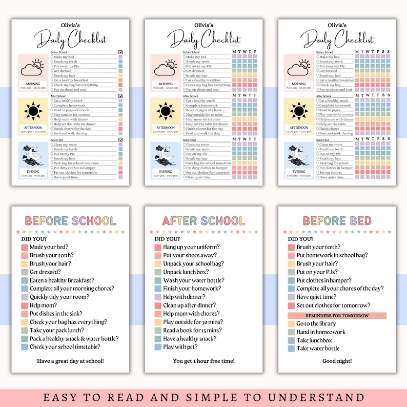 May include: A set of six printable daily checklists. The top three checklists are titled "Olivia's Daily Checklist" with a section for morning, afternoon, and evening tasks. The bottom three checklists are titled "Before School", "After School", and "Before Bed".