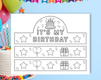Corona de cumpleaños imprimible para colorear en el aula, manualidad de feliz cumpleaños para niños, corona de papel en PDF, descarga instantánea.