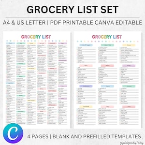 Lista de compras imprimible en blanco, lista de compras colorida, lista maestra de compras editable, lista de verificación de compras, lista de compras imprimible Canva