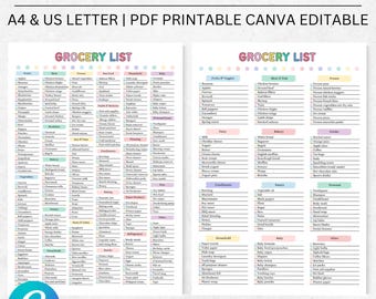 Blank Grocery List Printable Colorful Grocery Shopping List Editable Master Grocery List, Grocery Checklist, Printable Grocery List Canva