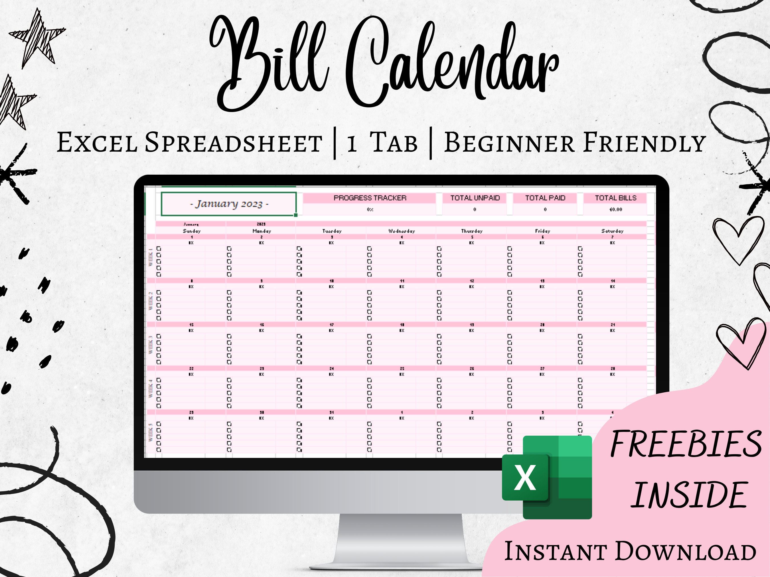 Bill Tracker Excel Bills Calendar Monthly Budget Spreadsheet Bills