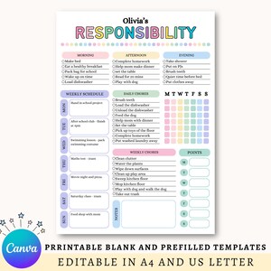 Editable Responsibility Chore Chart for Kids | Printable | Kids Daily Weekly Schedule | Kids Chore List | Kids Daily Routine Checklist | PDF