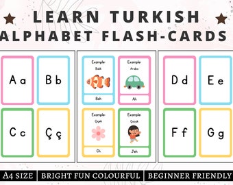 May include: A set of colorful flashcards featuring the Turkish alphabet. Each card has a letter, an example word, and an illustration. The letters are A, B, C, Ç, D, E, F, and G. The words are Balık (fish), Araba (car), Çiçek (flower), Çocuk (child).